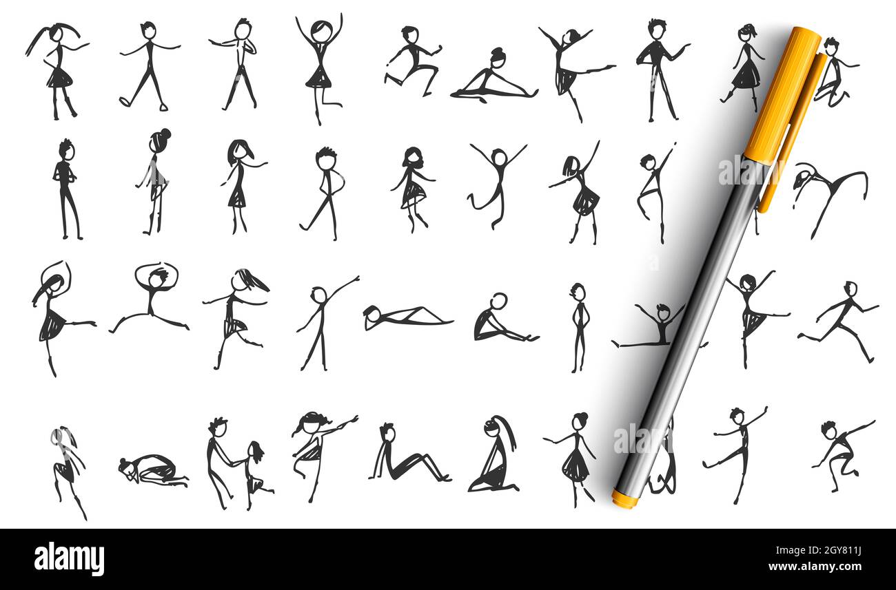 Running stickman sketch background. Stickman drawing brush Stock