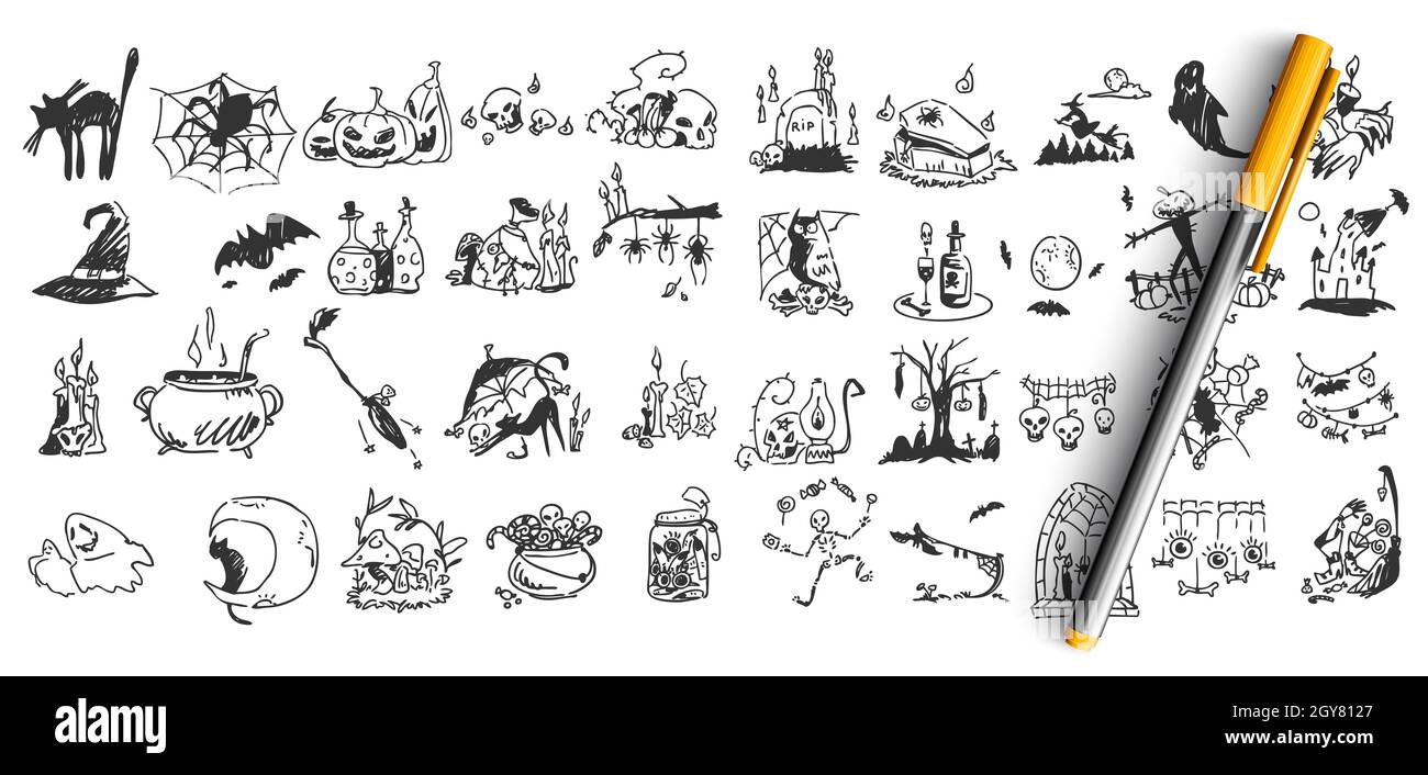Halloween doodle set. Collection of hand drawn pencil sketches templates patterns of bats pumpkins zombies owls ghots creatures on white background. I Stock Photo