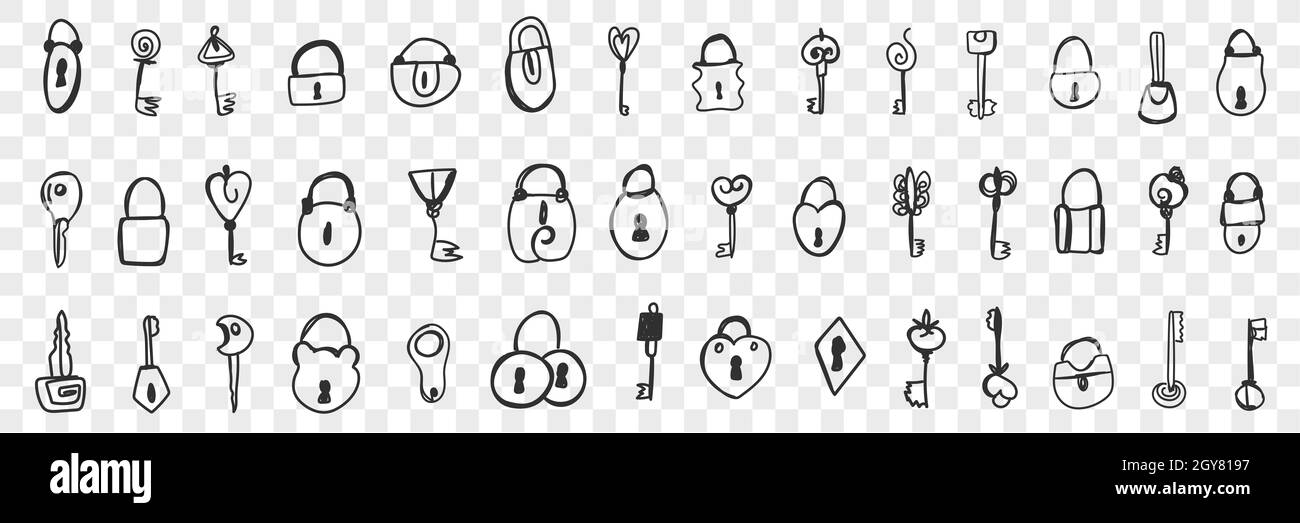 Various locks and keys doodle set. Collection of hand drawn locks with ...