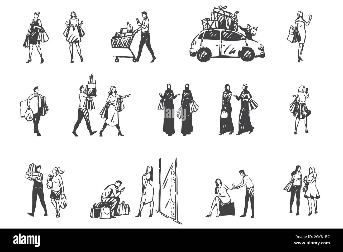 Shopping day, people making purchases concept sketch. Total sale ...