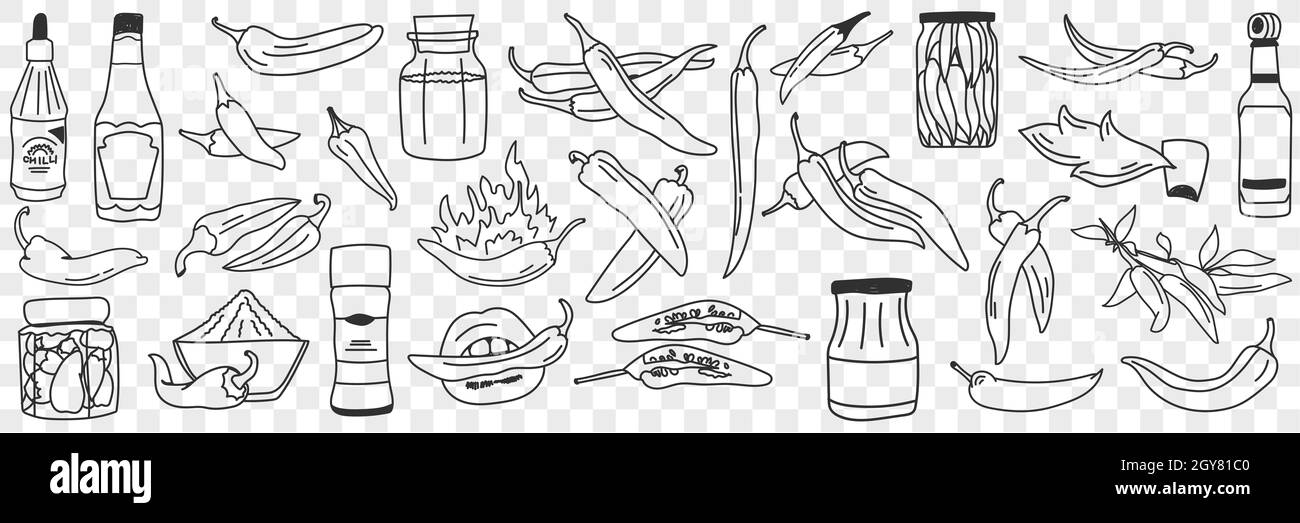 Cooked chilli pepper doodle set. Collection of hand drawn various types