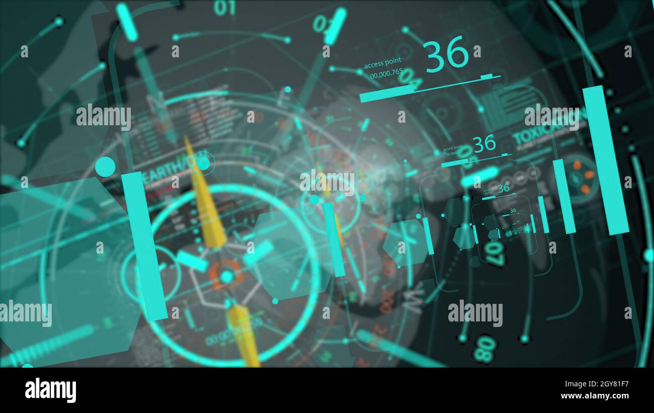 3d illustration - HUD zoom in.Flying through Futuristic technological ...