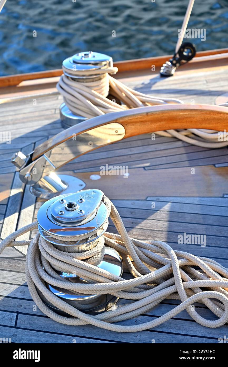 Classic wooden yacht in a marina Stock Photo - Alamy
