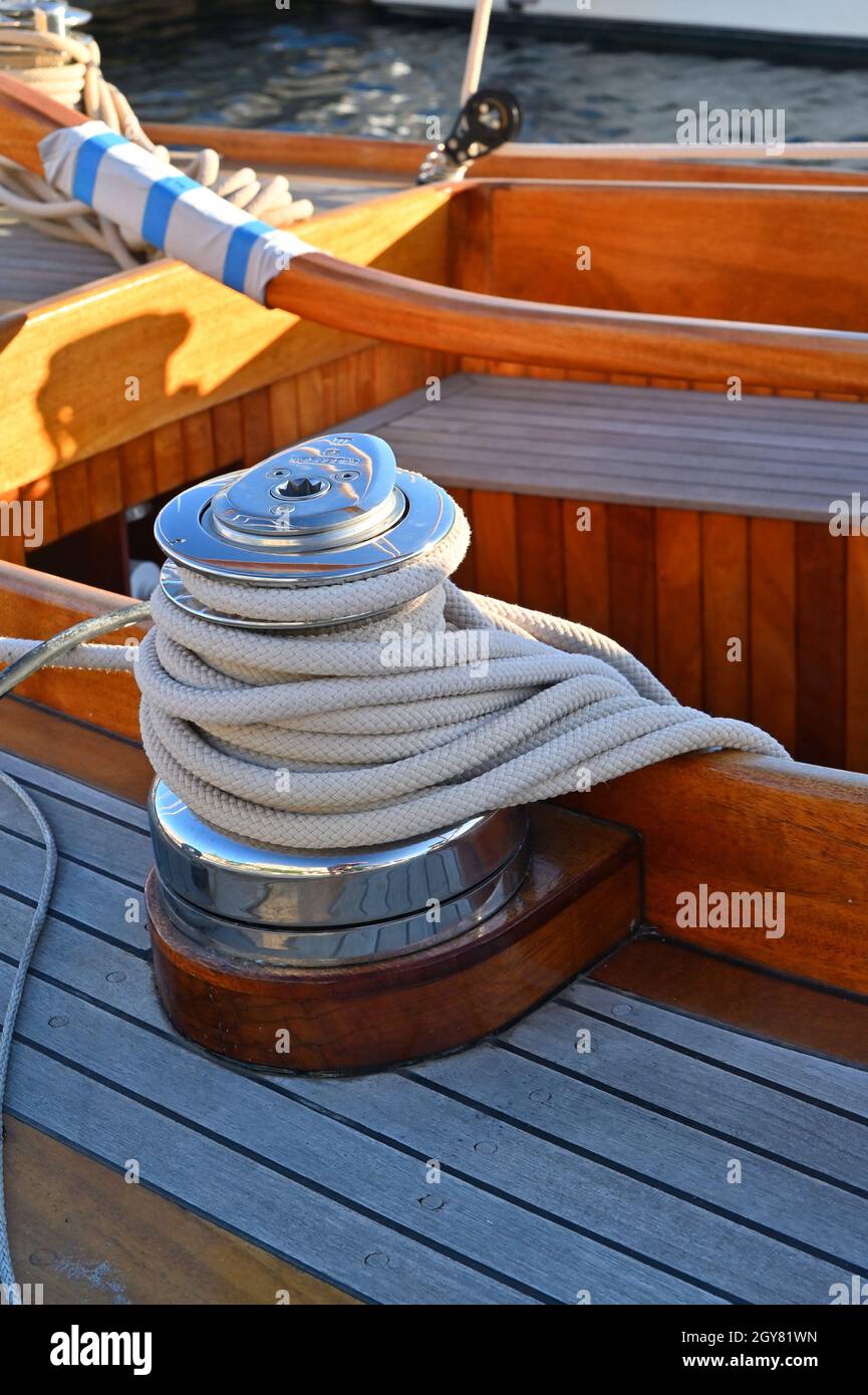 Classic wooden yacht in a marina Stock Photo - Alamy