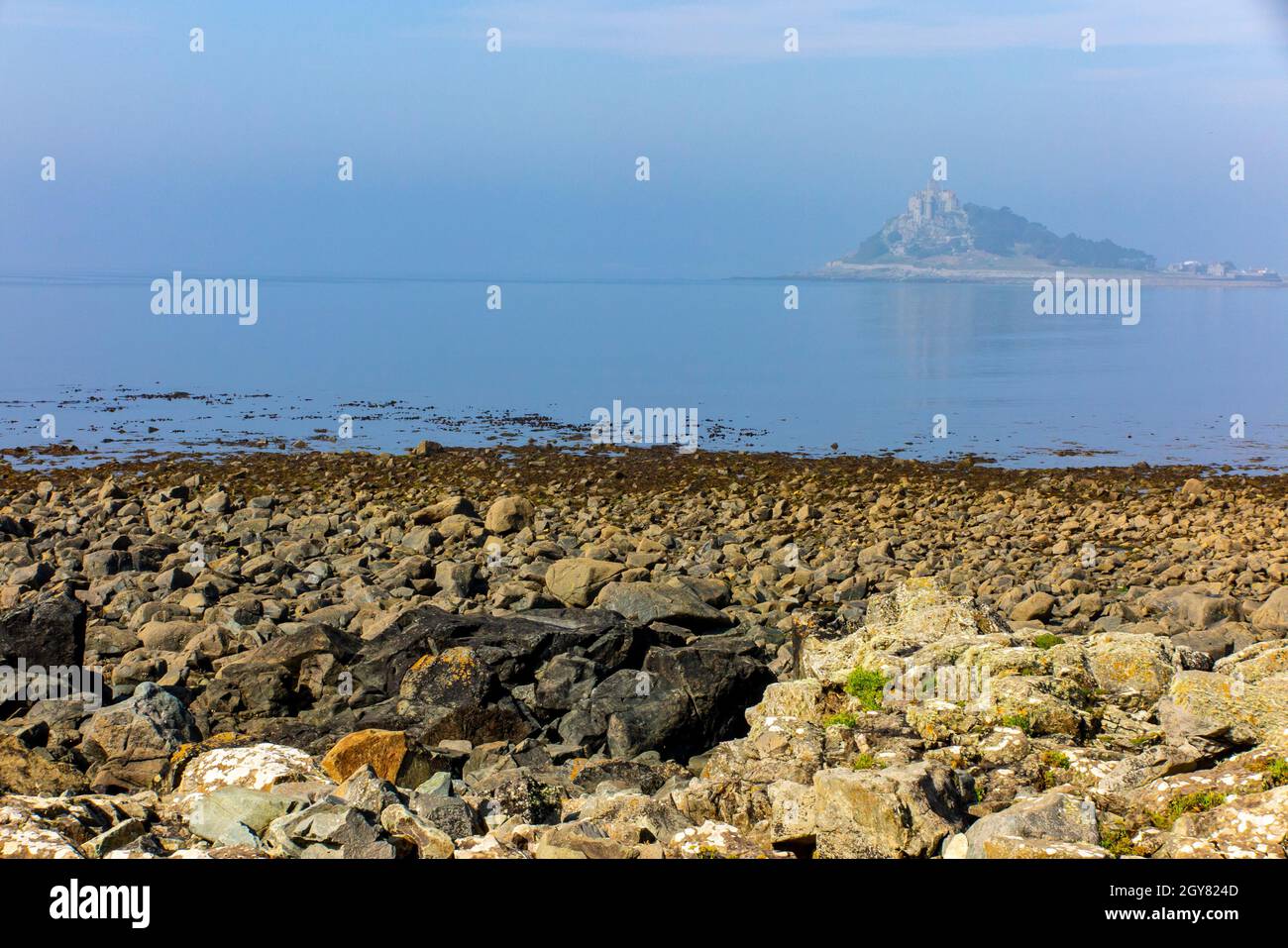 St Michael's Mount seen from the South West Coast Path near Perranuthnoe on the southern coast of Cornwall England UK Stock Photo
