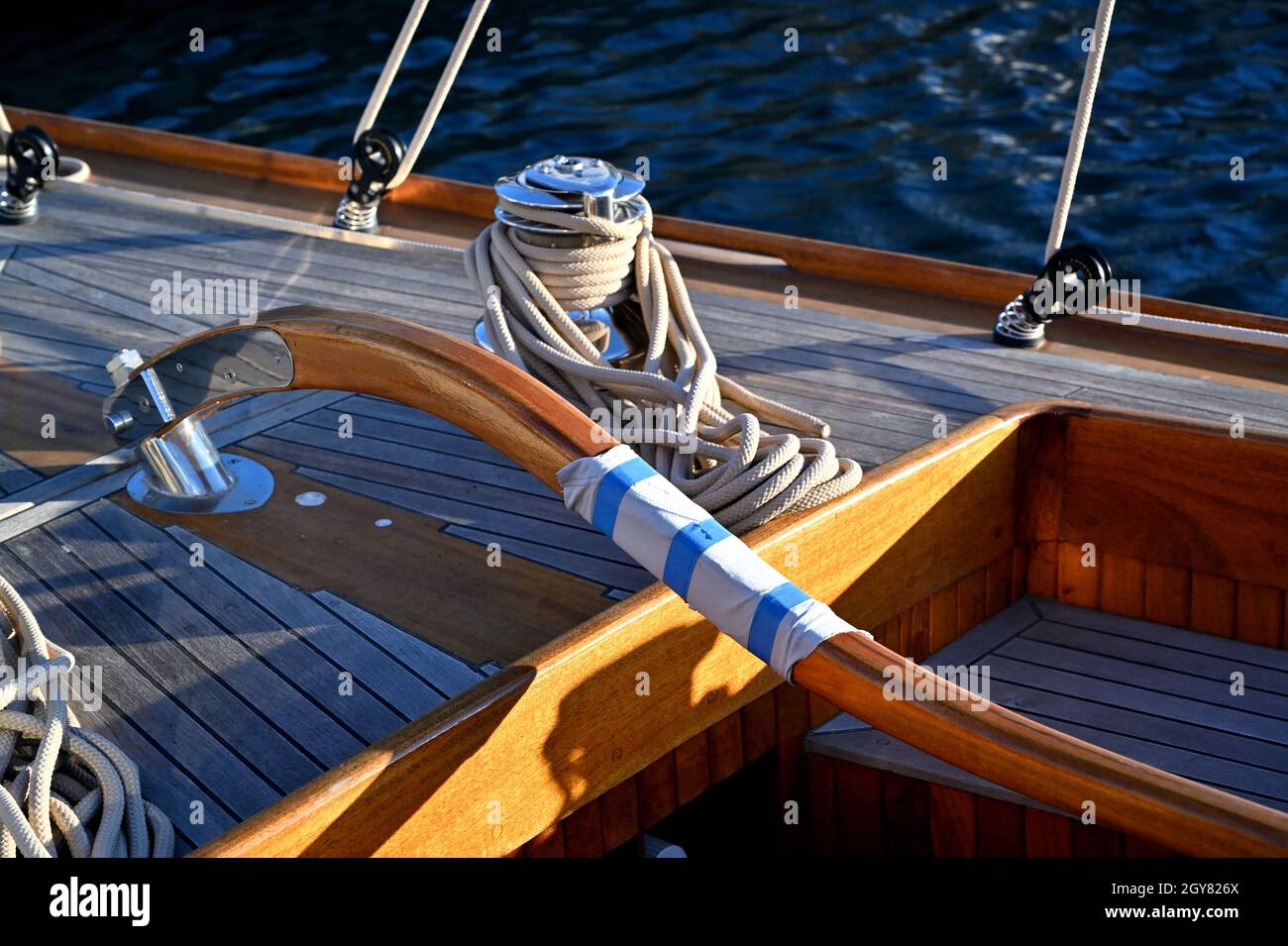 Classic wooden yacht in a marina Stock Photo - Alamy