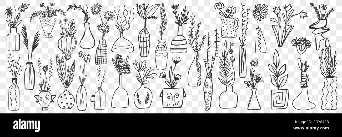 Flowers in pots doodle set. Collection of hand drawn various plants in ...