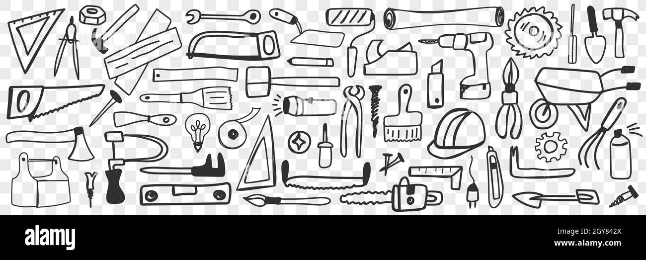 https://c8.alamy.com/comp/2GY842X/various-tools-for-repair-doodle-set-collection-of-hand-drawn-drill-hammer-saw-pliers-socket-screwdriver-isolated-on-transparent-background-illustrat-2GY842X.jpg
