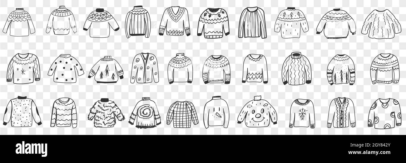 Various warm knitted sweaters doodle set. Collection of hand drawn stylish elegant jackets sweaters cardigans with different patterns for cold weather Stock Photo