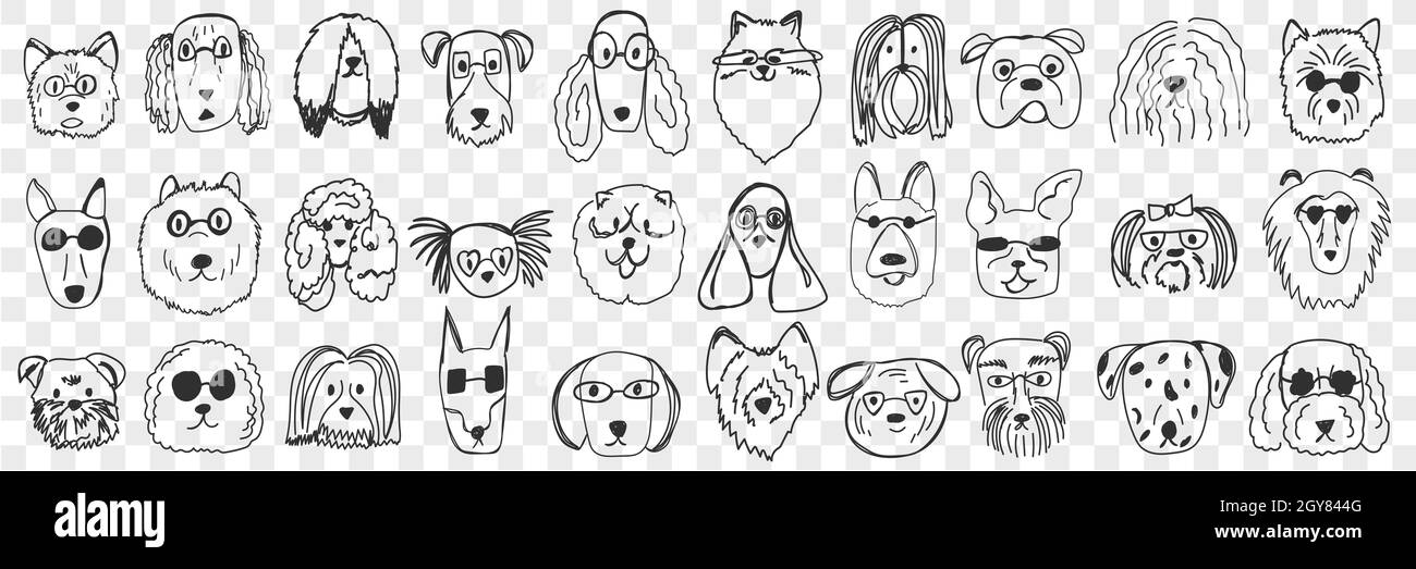 Dogs faces doodle set. Collection of hand drawn funny cute faces of ...