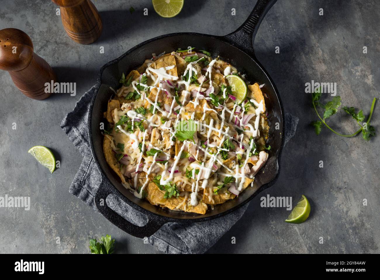 Homemade Mexican Green Chilaquiles with Tomatillo and Chicken Stock Photo