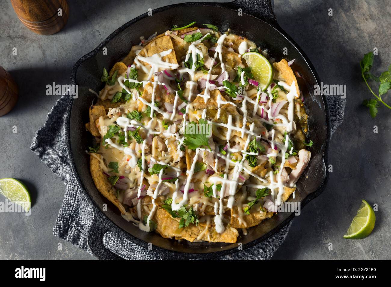 Homemade Mexican Green Chilaquiles with Tomatillo and Chicken Stock Photo