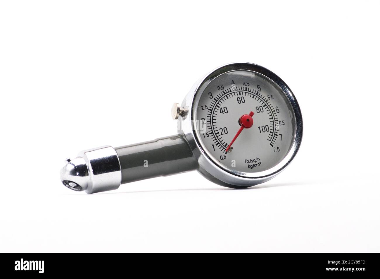 Pressure gauge for measuring air pressure in automobile tires closeup