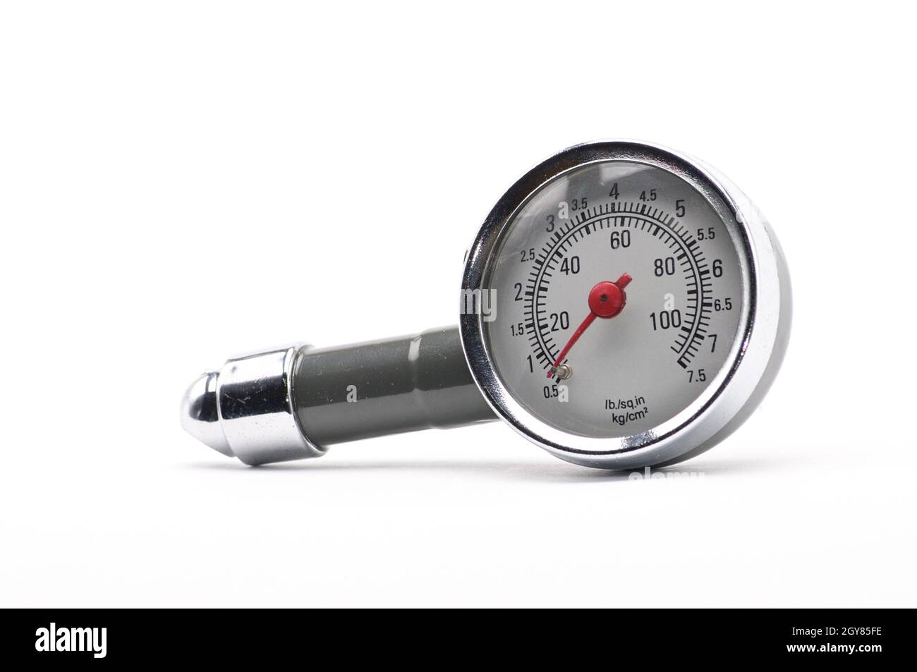 Pressure gauge for measuring air pressure in automobile tires closeup