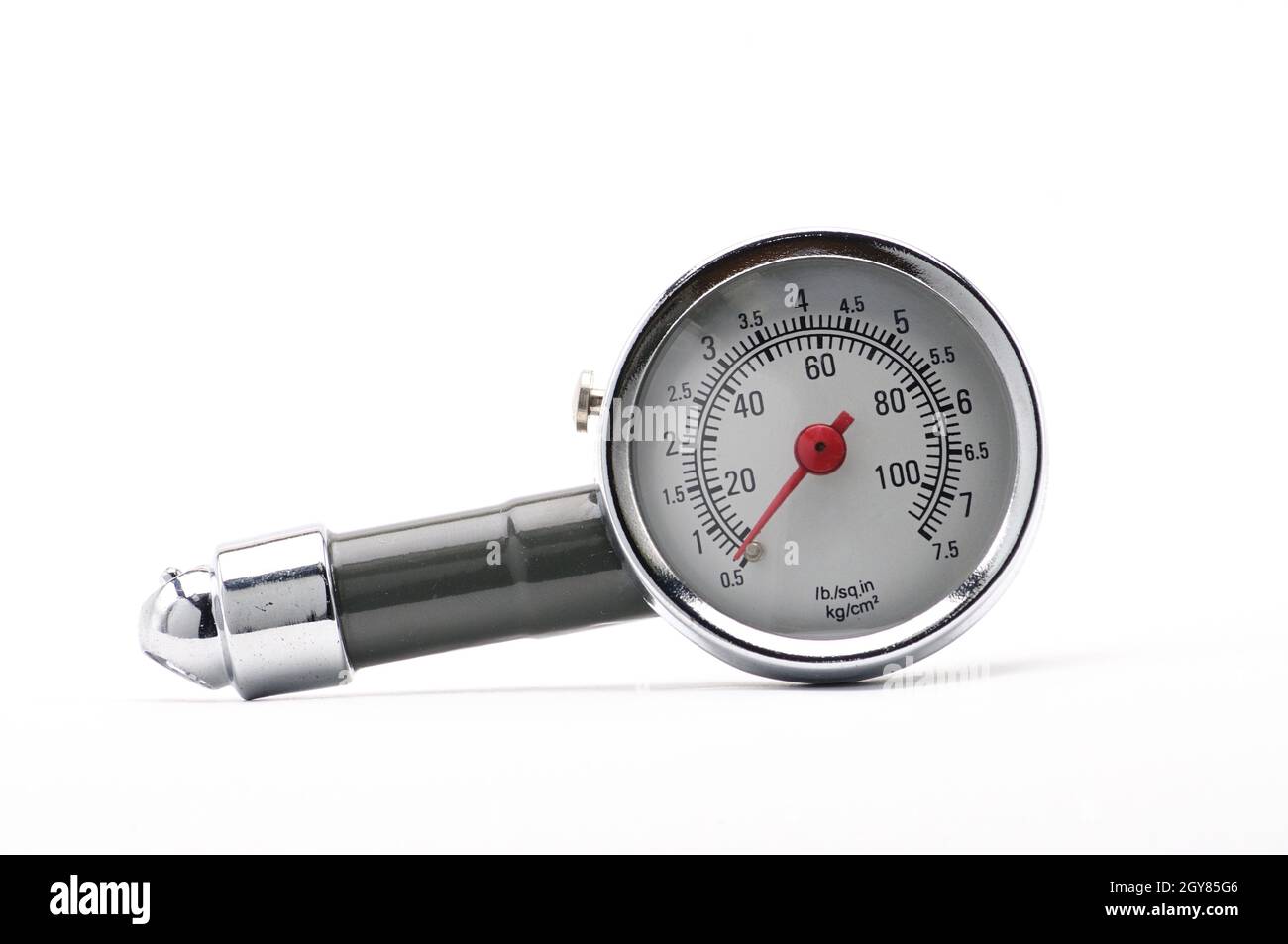 Pressure gauge for measuring air pressure in automobile tires closeup