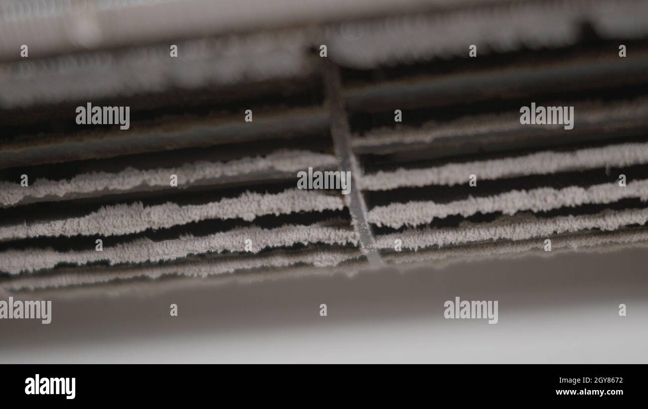 Dirty dust dense on squirrel cage fan in air conditioner indoor at home