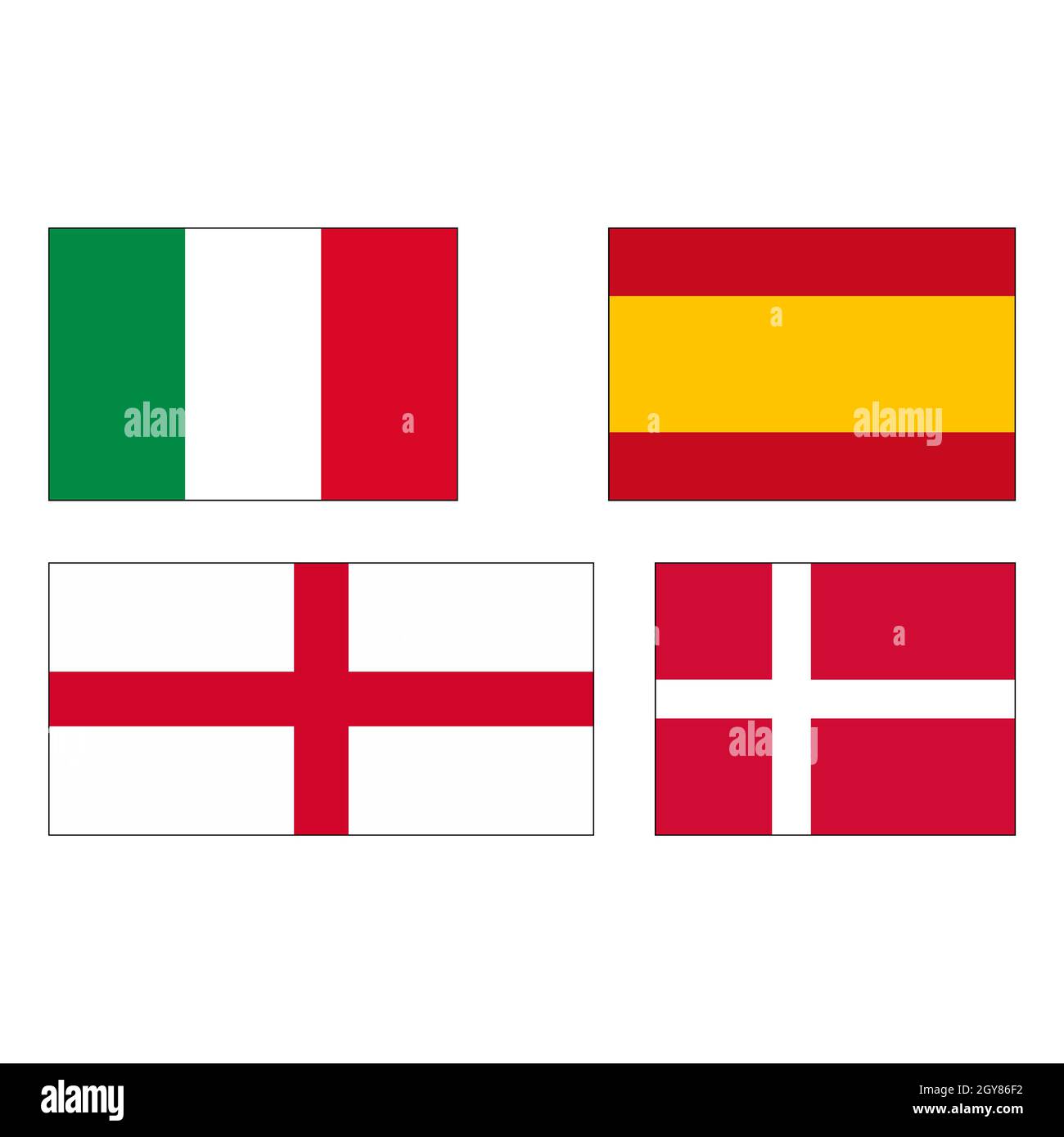 Flags European championship finalists Italy, Spain, England and Denmark Stock Photo
