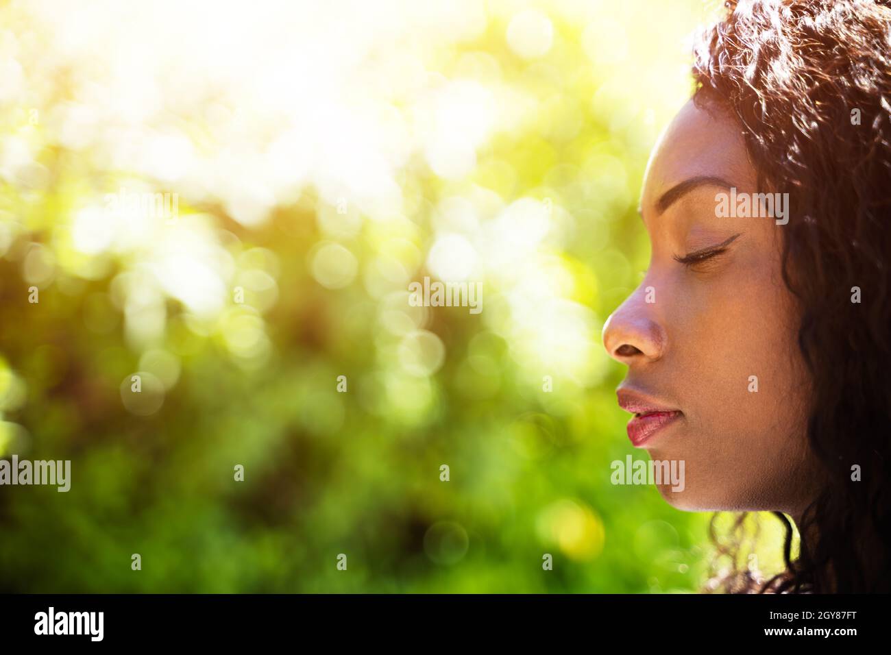 Woman Breathing Clean Air Smell With Eyes Closed Stock Photo Alamy