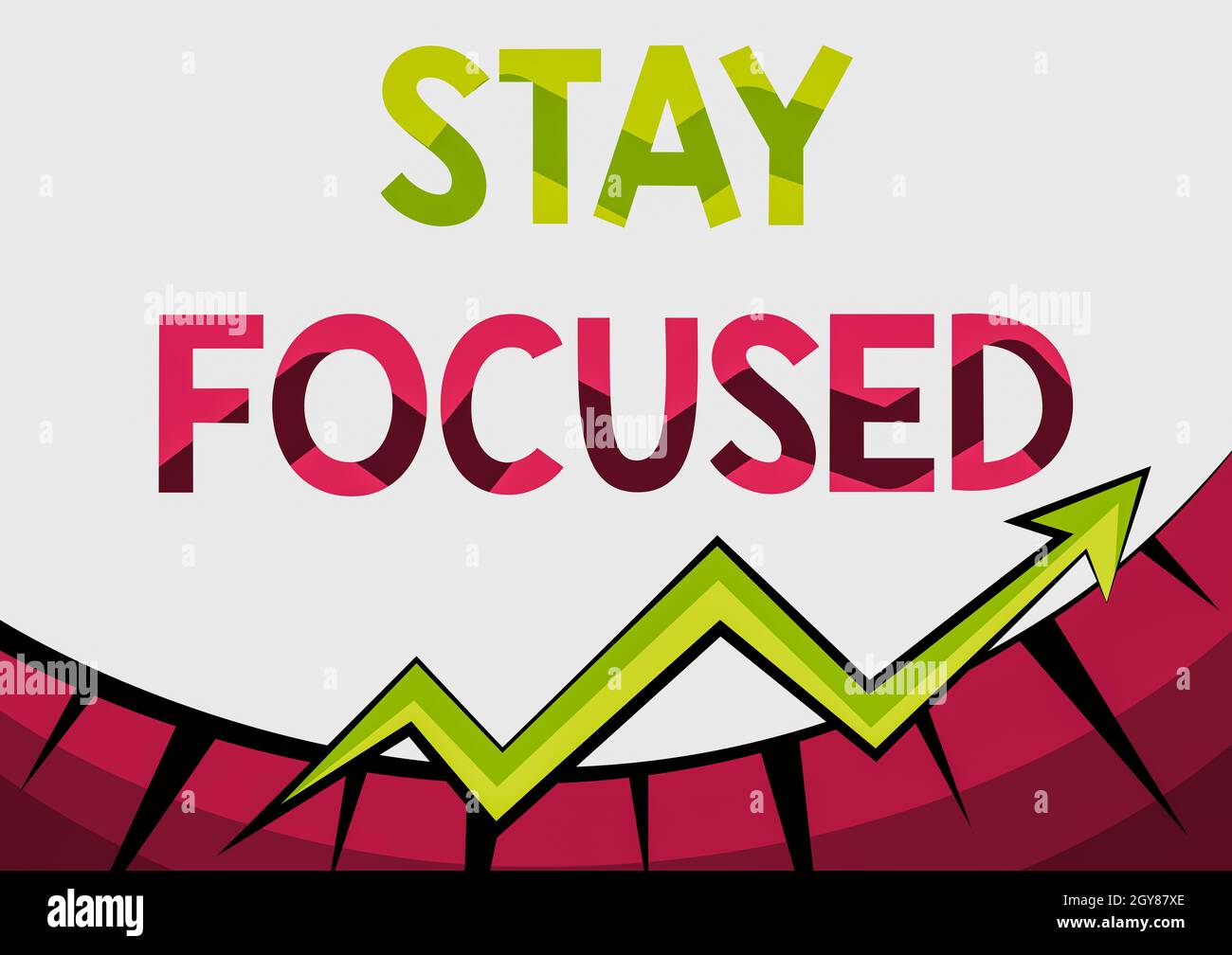 Sign displaying Stay Focused, Word Written on Be attentive Concentrate Prioritize the task Avoid distractions Abstract Graph Presenting Progress, Movi Stock Photo