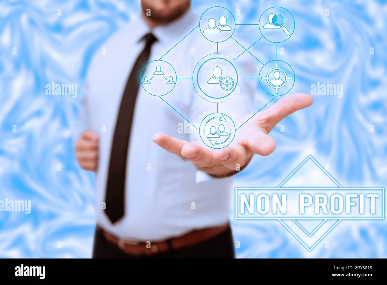 Conceptual display Non Profit, Business concept an activity not making or conducted primarily for a profit Gentelman Uniform Standing Holding New Futu Stock Photo