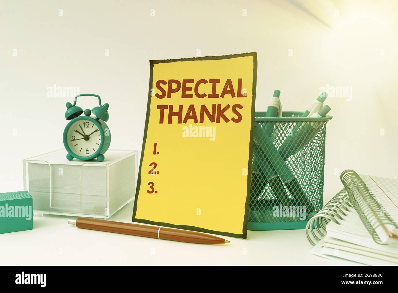 Text sign showing Special Thanks, Internet Concept appreciating something or someone in a most unique way Tidy Workspace Setup Writing Desk Tools And Stock Photo