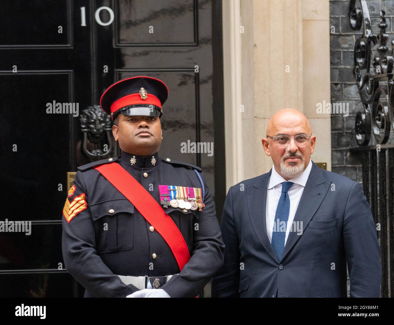 London, UK. 7th Oct, 2021. Colour Sergeant Johnson Beharry VC GOC, and Nadhim Zahawi, Education Secretary in Downing Street, Credit: Ian Davidson/Alamy Live News Stock Photo