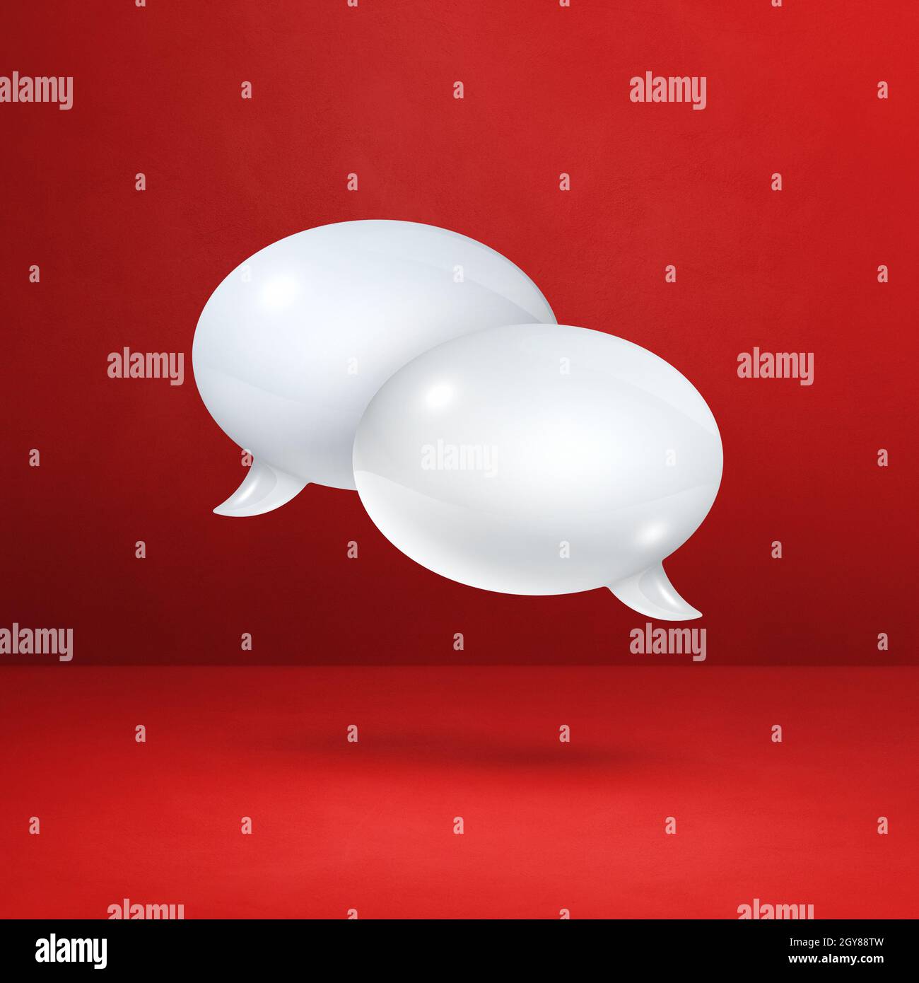 3D white speech bubbles isolated on red square background Stock Photo