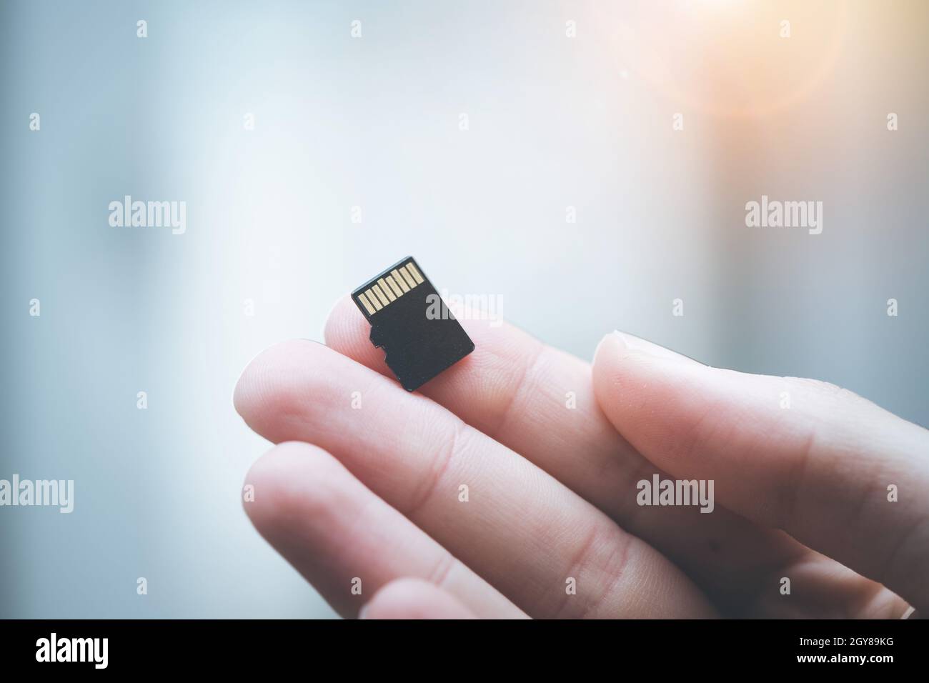 Young man is holding a tiny memory card in his hand, text space Stock ...