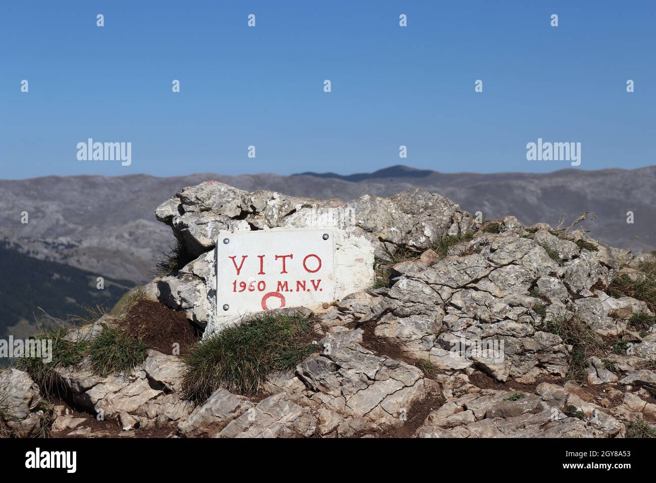 Hiking mark at the top of Vito, Visočica mountain in Bosnia and Herzegovina Stock Photo