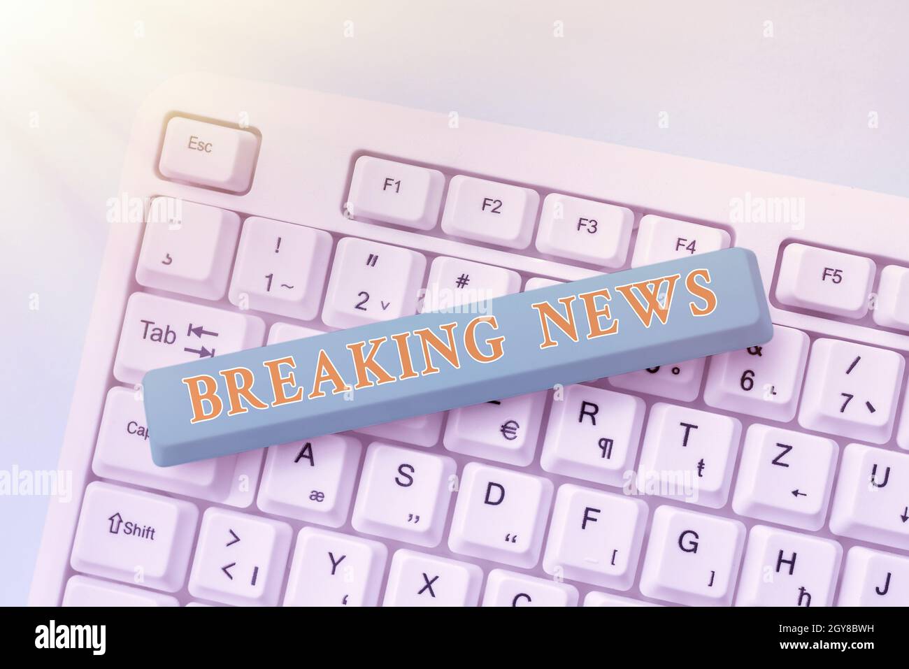 Hand writing sign Breaking News, Business overview newly received current information about an occurred event Typing Character Background Story, Creat Stock Photo