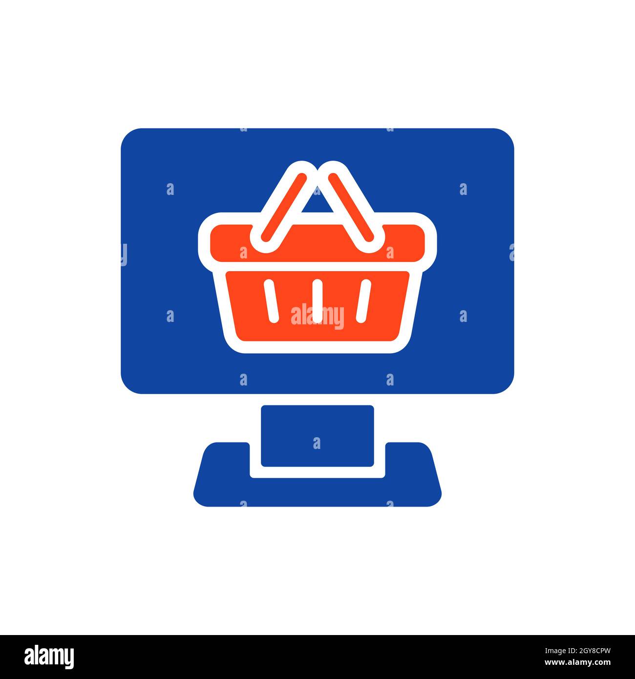 Computer display with shopping cart glyph icon vector. Online shoping ...