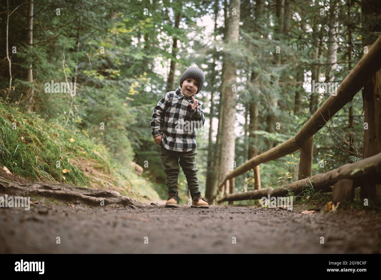 Small kid in a plaid shirt and gray hat in the forest. Childhood with nature loving concept Stock Photo