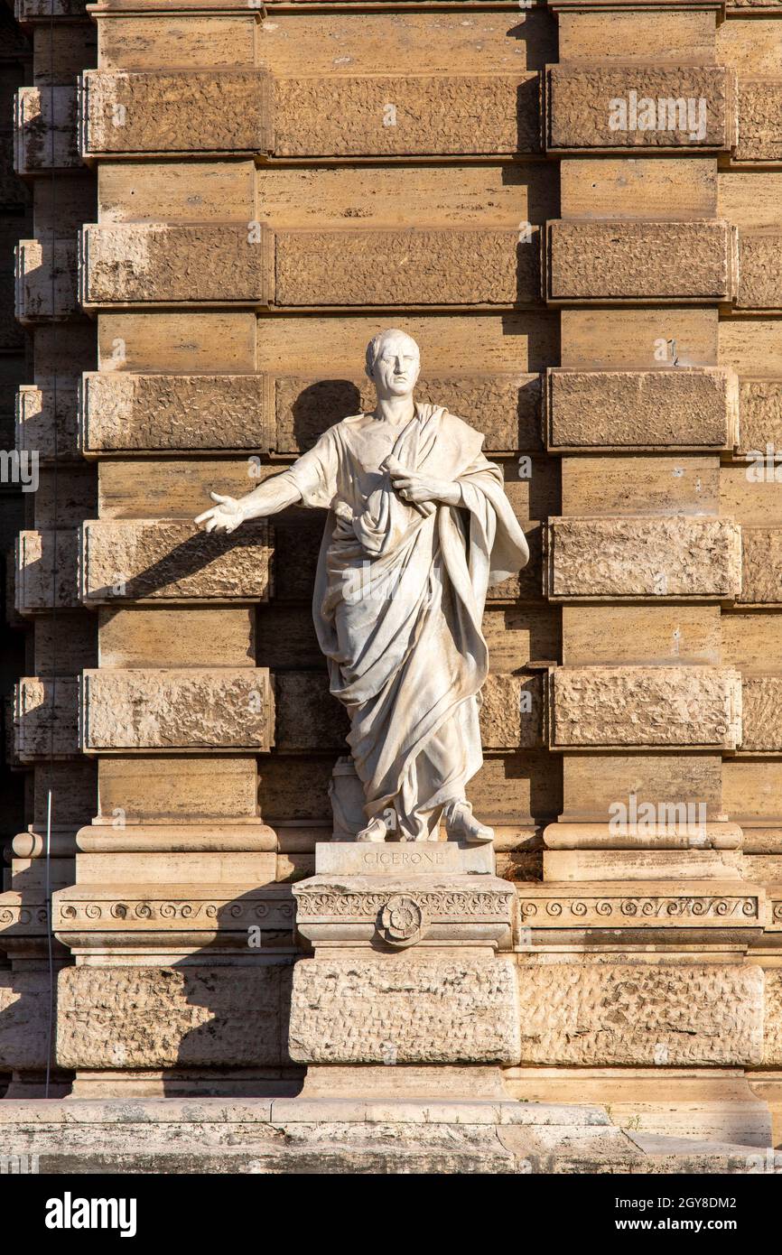 Rome, Italy - October 9, 2020: Statue of Cicero at the front of Palace of Justice seat of Supreme Court of Cassation (Corte di Cassazione), majestic b Stock Photo