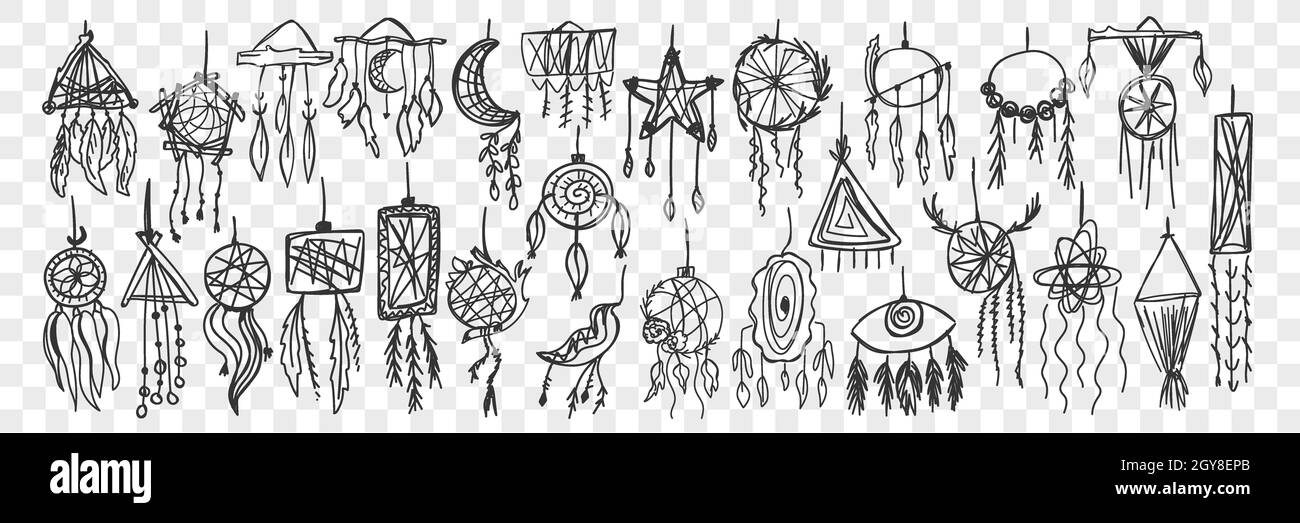 Dream catcher doodle set. Collection of hand drawn traditional indian tribal ethnic decoration for home interior and relaxation isolated on transparen Stock Photo
