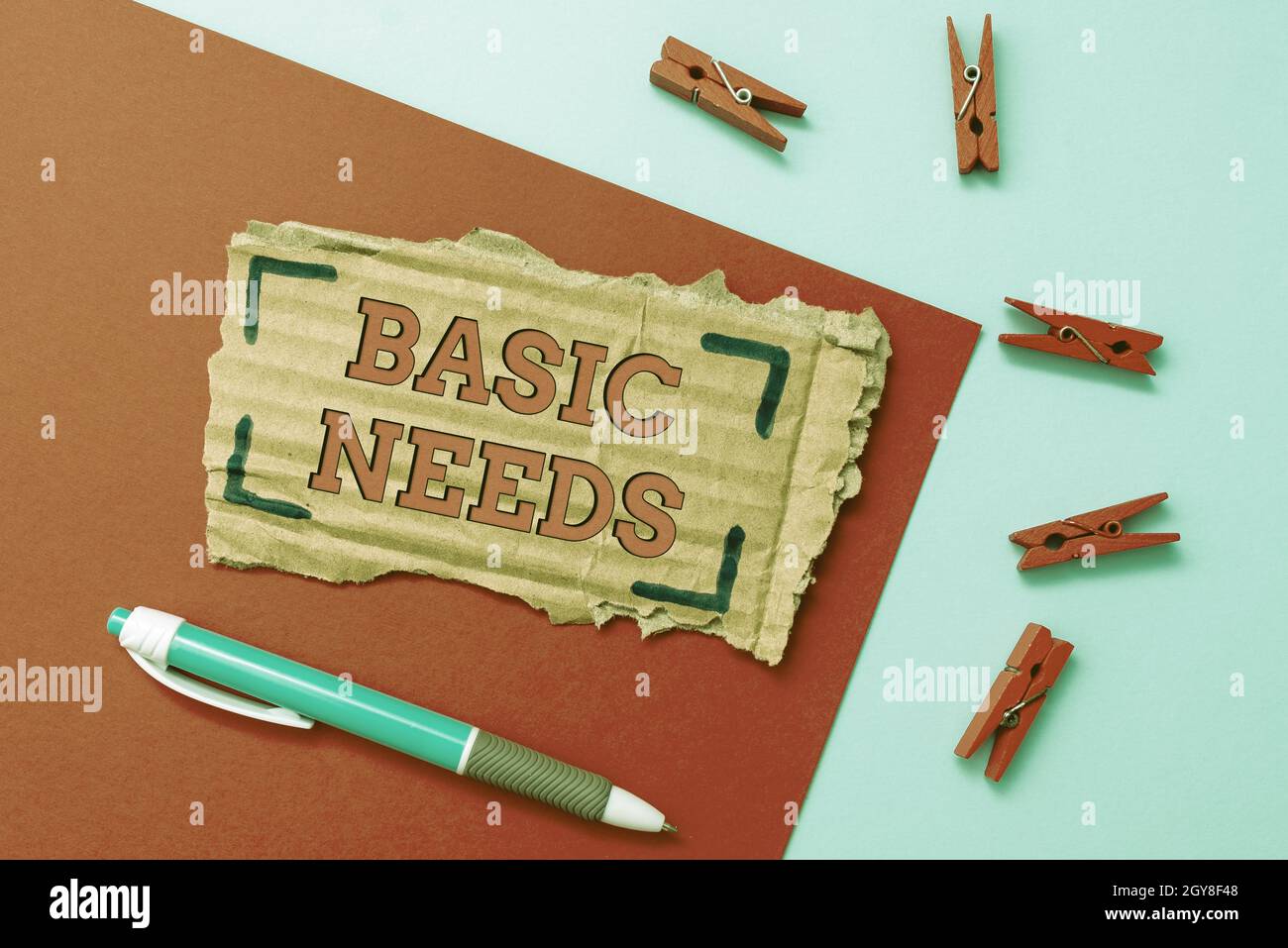 Conceptual caption Basic Needs, Concept meaning necessary to sustain life like food, water, shelter, and clothing Simple Homemade Crafting Ideas And D Stock Photo