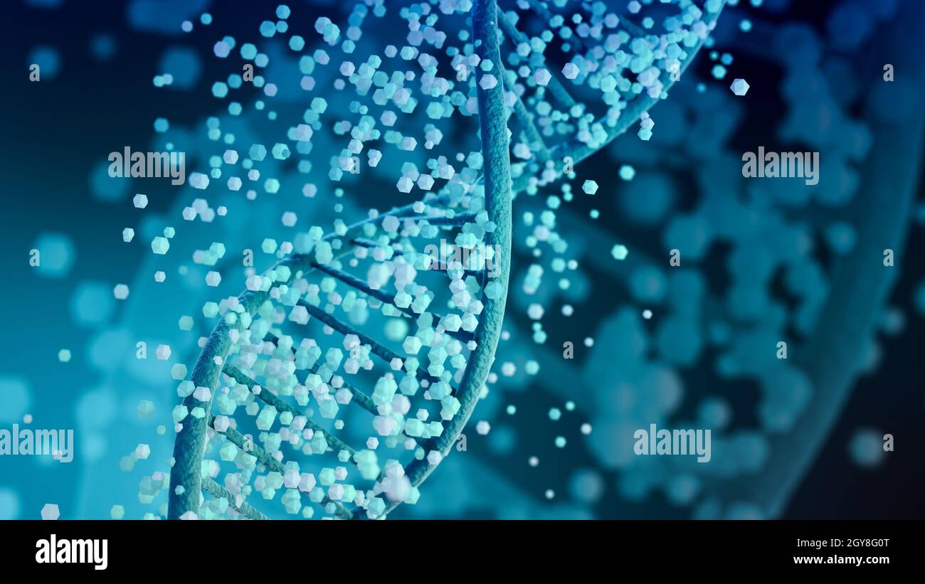 dna structure with a lot of particles around it, double helix, concept ...