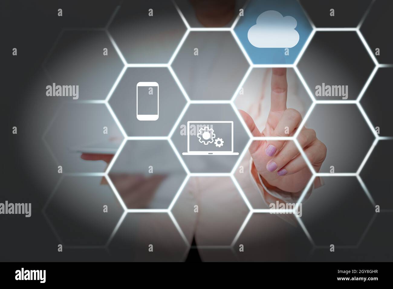 Lady Holding Tablet Pressing On Virtual Button Showing Futuristic Tech. Stock Photo