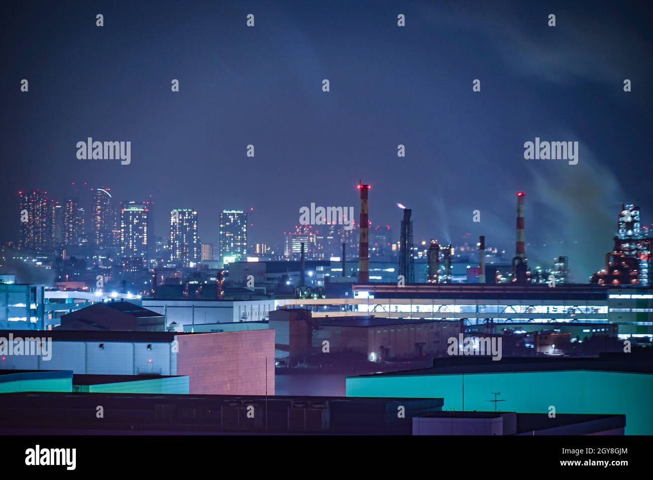 Keihin industrial zone which is visible from the Kawasaki Marien (Kawasaki City, Kanagawa Prefecture). Shooting Location: Yokohama-city kanagawa prefe Stock Photo