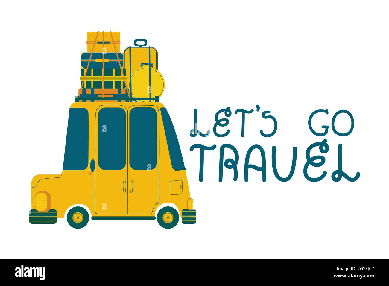Travel by car. Vector cartoon illustration of colorful car with baggage and hand written slogan Let's Go Travel. Isolated on white background clip art Stock Vector