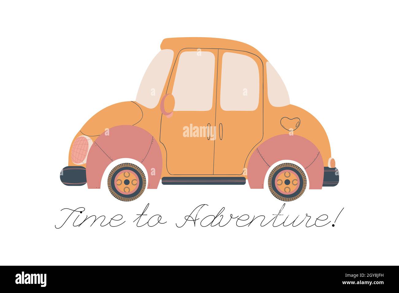 Travel by car. Vector cartoon illustration of colorful car with and slogan time to adventure. Isolated on white background clip art. Stock Vector