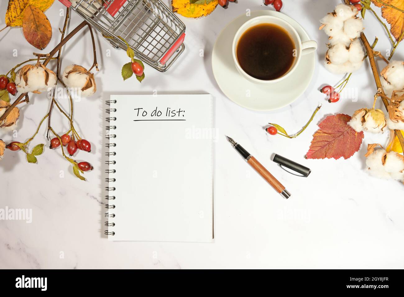 Notebook page wit text To Do List, coffee cup, shopping card and natural autumn decoration on a light marble background, seasonal holiday concept, cop Stock Photo