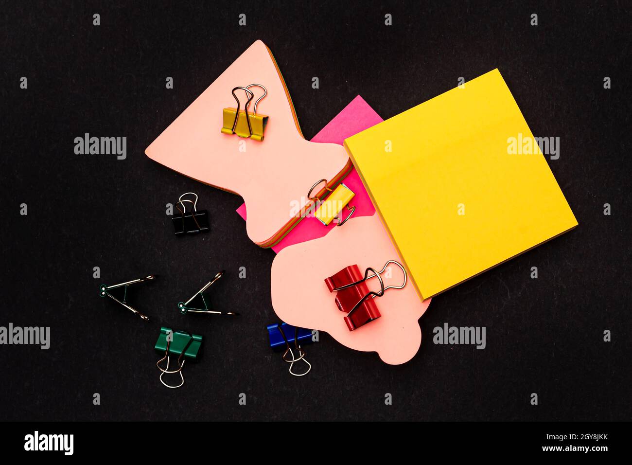 Multiple assorted collection office stationery photo placed over table Stock Photo