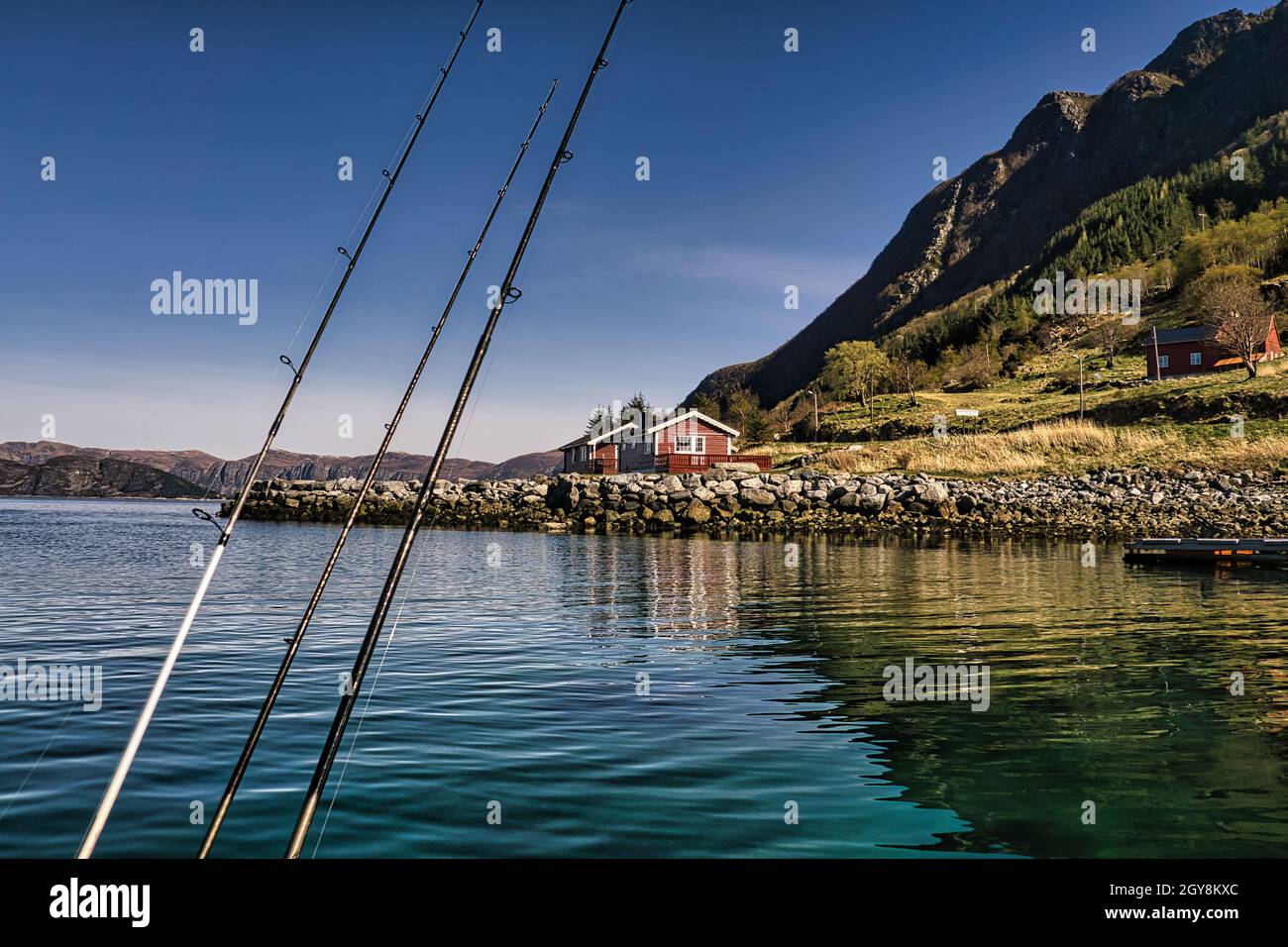fishing vacation in Selje norway. Rod and reel are ready to fish. a