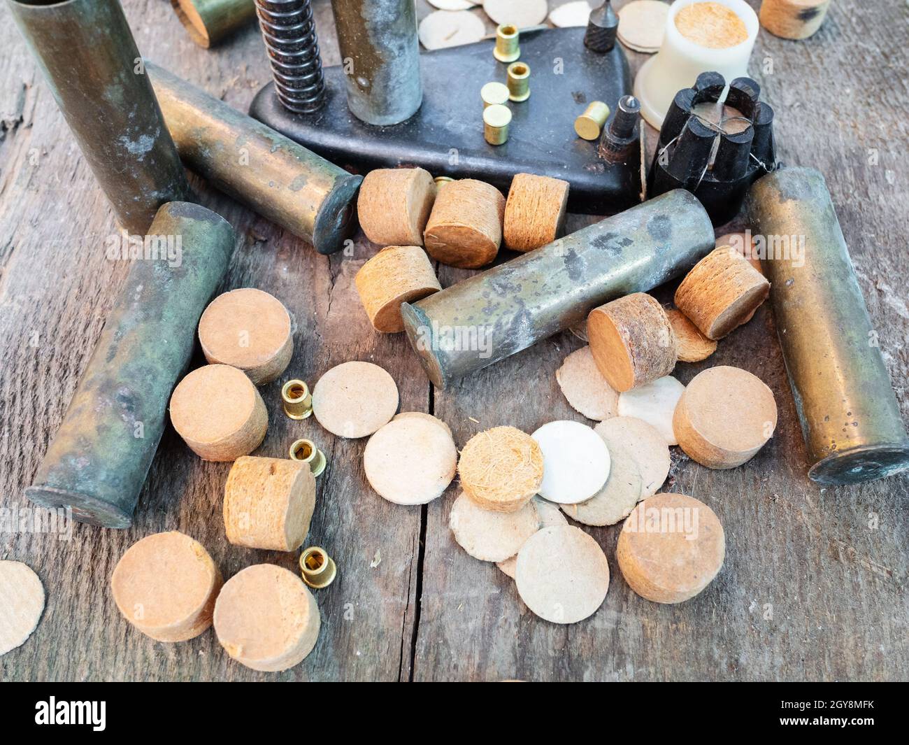 cartridge cases, wads, primers close up on plank Stock Photo Alamy