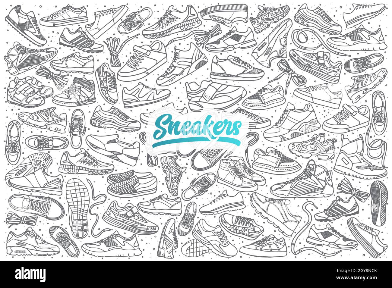 Hand drawn sneakers doodle set background with blue lettering in Stock ...