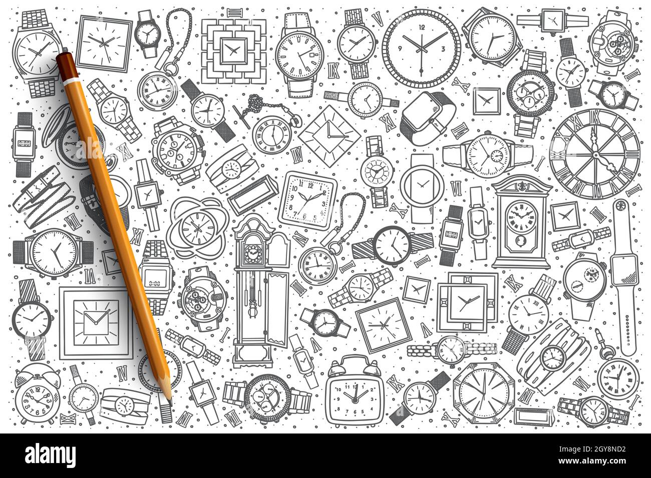 Cuc Polso Orologio A Pendolo Da Colorare Hand Drawn Watch Shop Vector  Doodle Set Background Stock, image size:1300x956