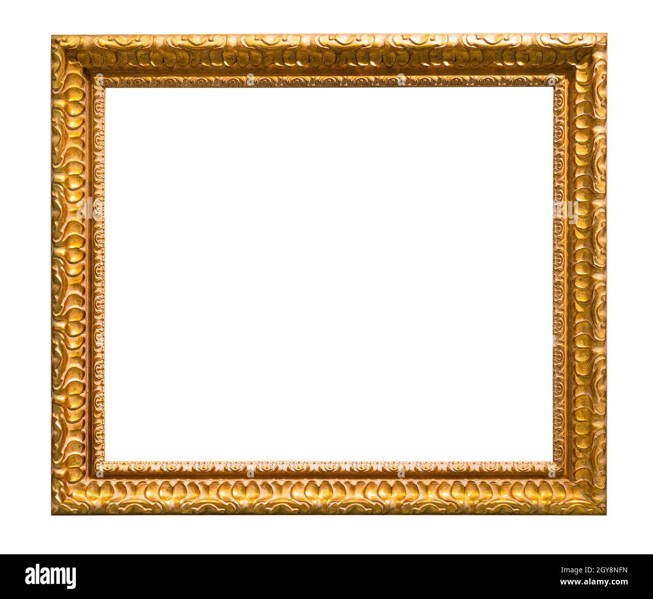 horizontal old carved golden picture frame cutout on white background Stock Photo