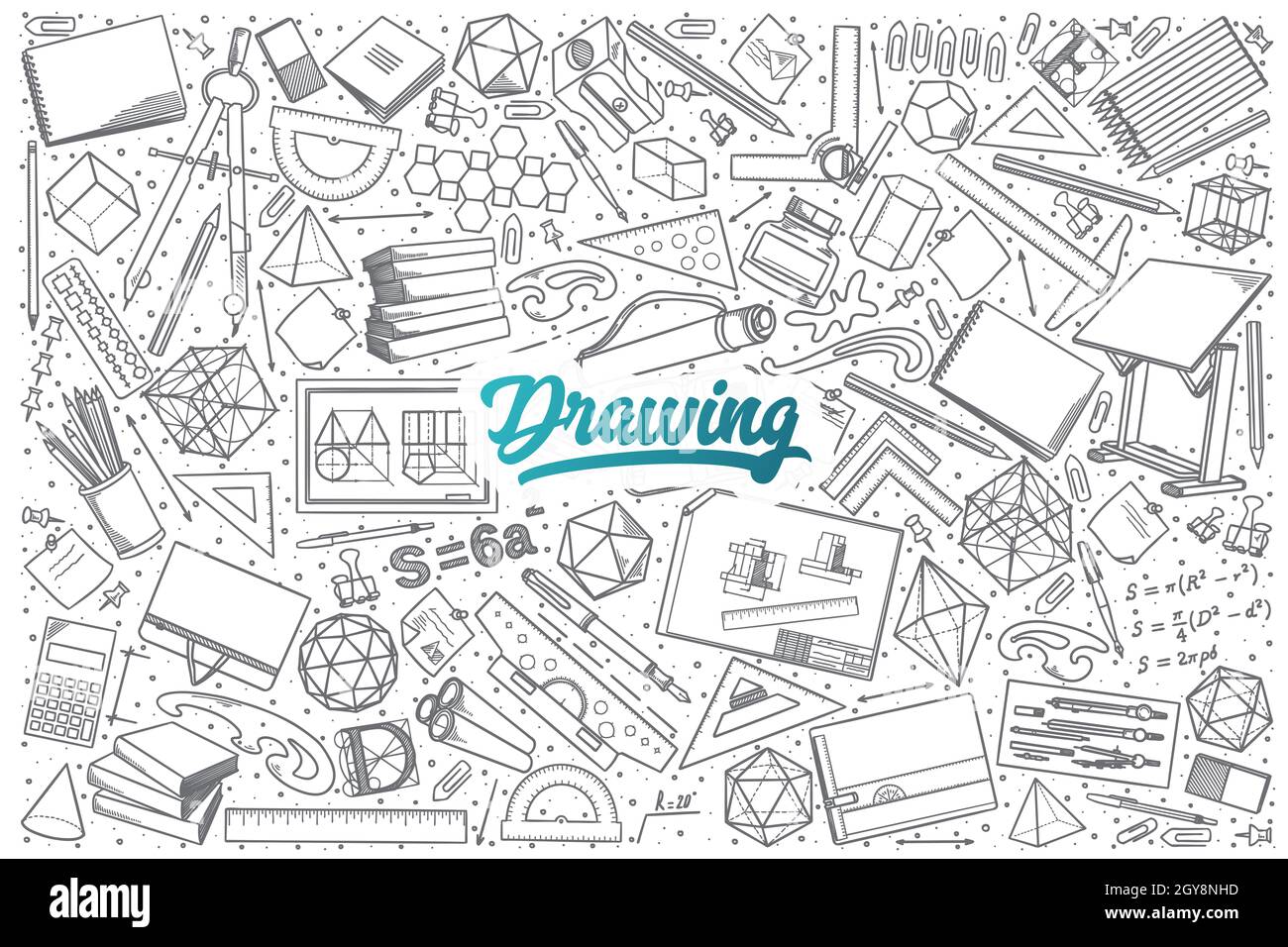 Hand drawn Drawing doodle set background with blue lettering in Stock