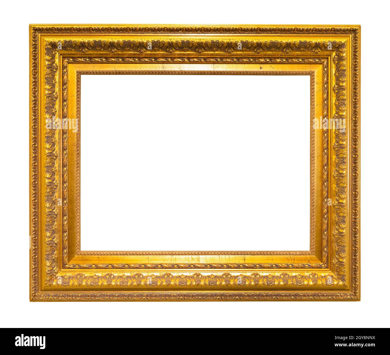 old wide golden carved wooden picture frame cutout on white background