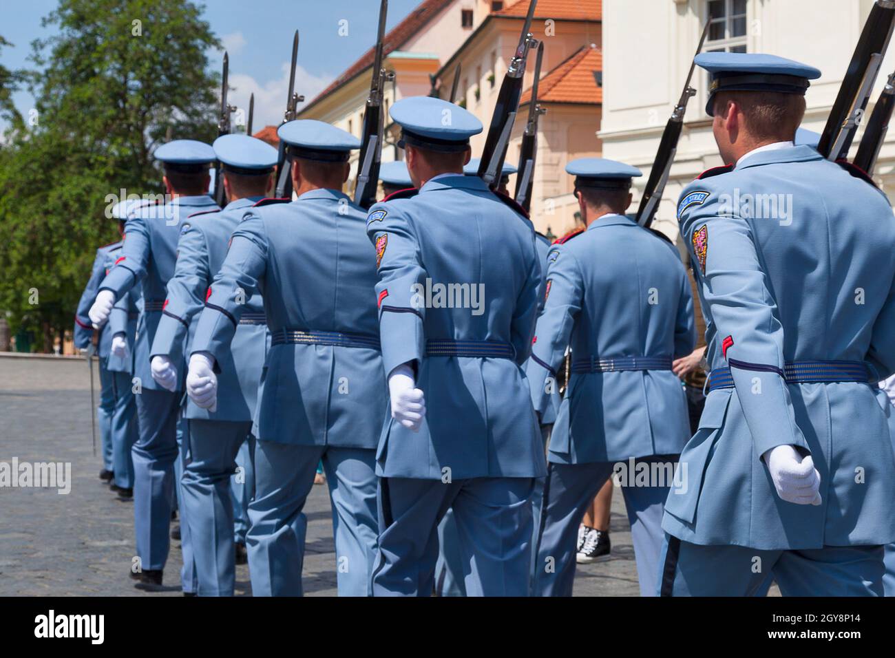 Prague, Czech Republic - June 14 2018: Troop of Prague Castle Guards at the entrance of Hradcany Castle. Stock Photo
